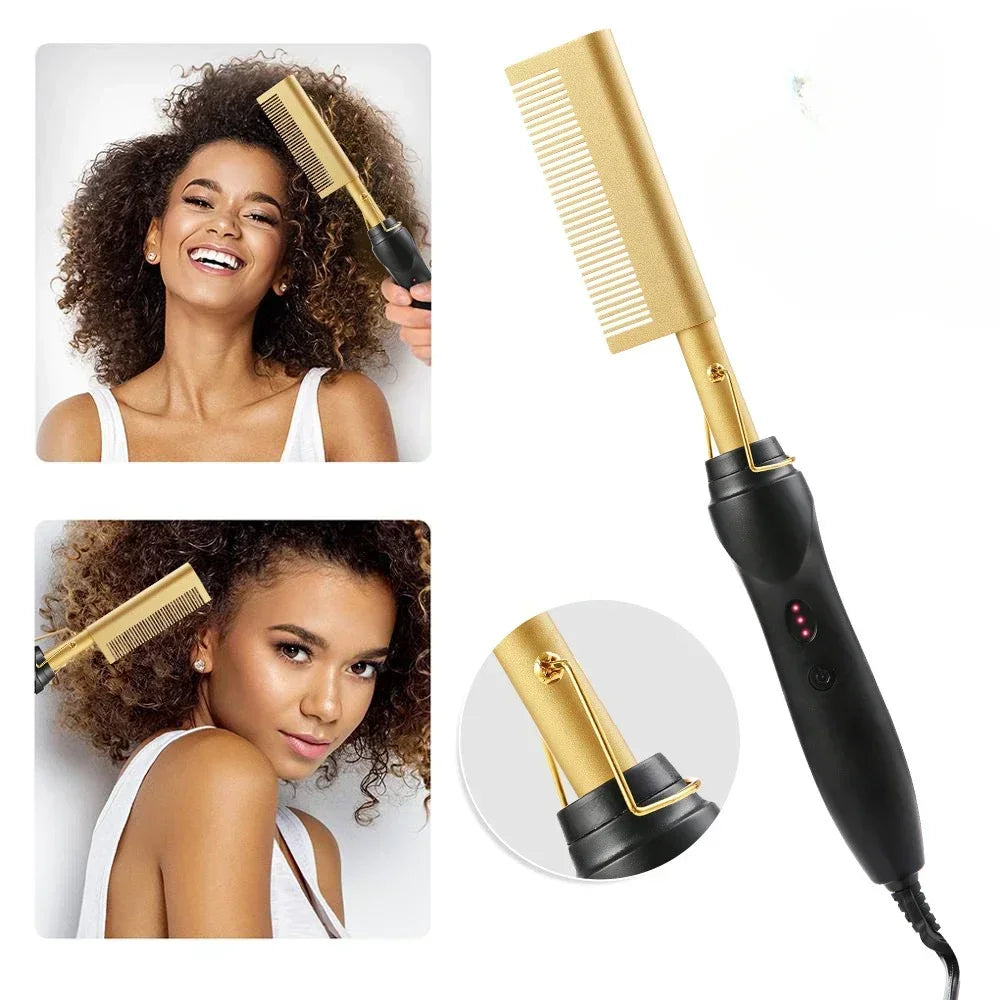 A gold and black professional ceramic hair straightener brush shown in various angles.