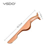 A close-up view of a rose gold stainless steel eyelash tweezers with a 1.8 cm tip and a total length of 10.7 cm.