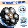 Close-up view of a black electric shaver head featuring six stainless steel magnetic blades and an ultra-thin dual blade desi