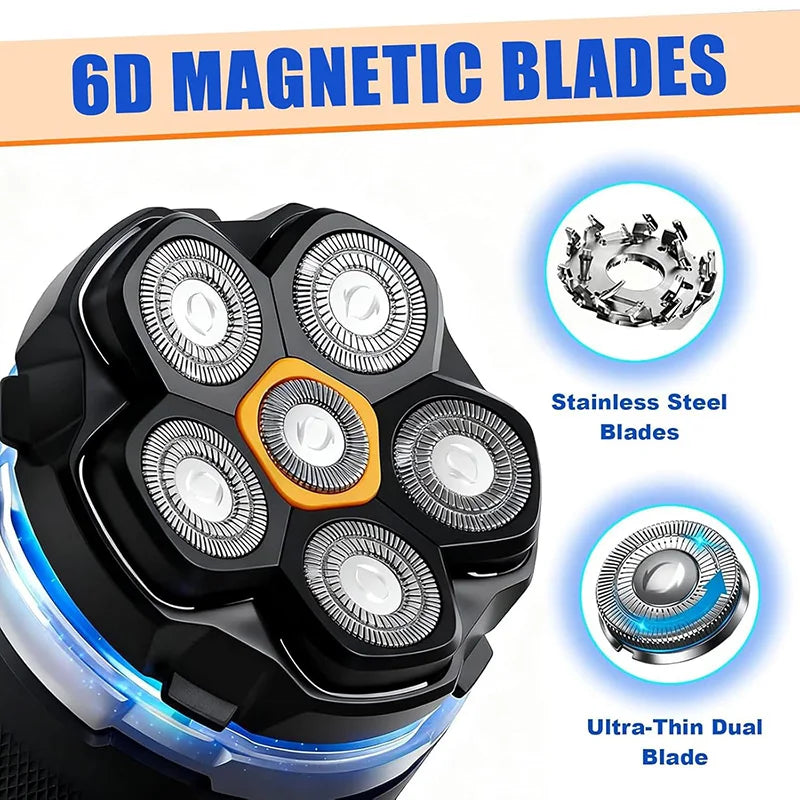 Close-up view of a black electric shaver head featuring six stainless steel magnetic blades and an ultra-thin dual blade desi