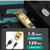 A gold-colored cordless electric hair clipper with a lithium battery and charging cable shown next to various electronic devi