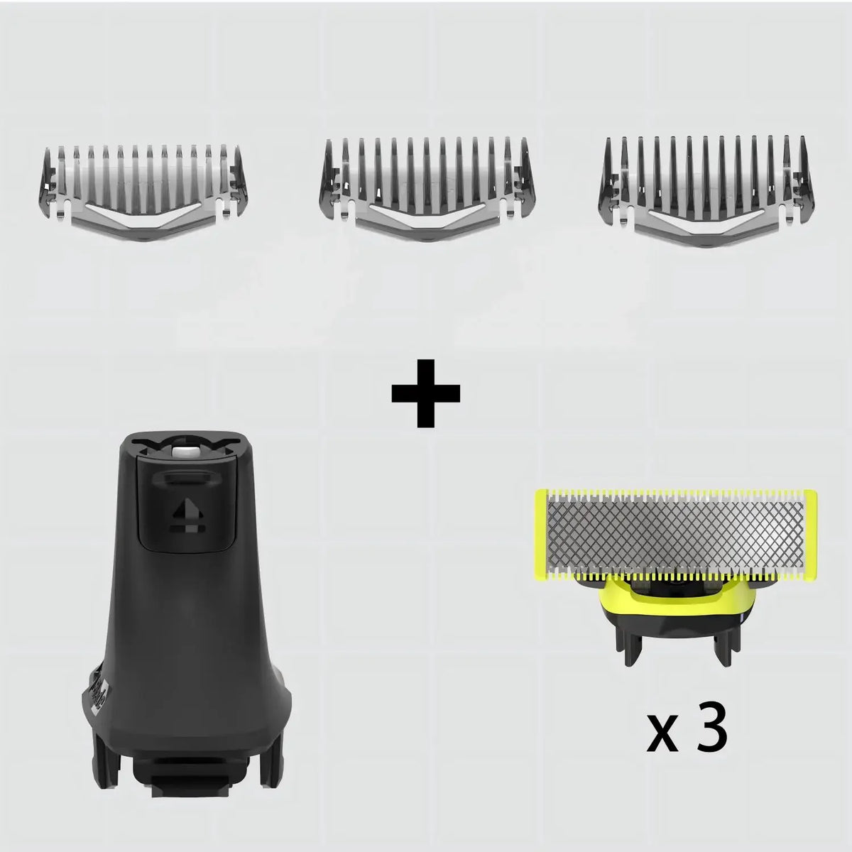 Ersatzklingen-Set für Trimmer, zeigt drei Metallklingen und einen schwarzen Trimmerkopf.