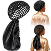 A black satin wrap cap bonnet shown on a mannequin head, with the fabric draped and the netting visible.