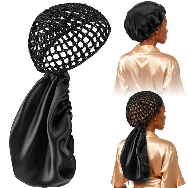 A black satin wrap cap bonnet shown on a mannequin head, with the fabric draped and the netting visible.