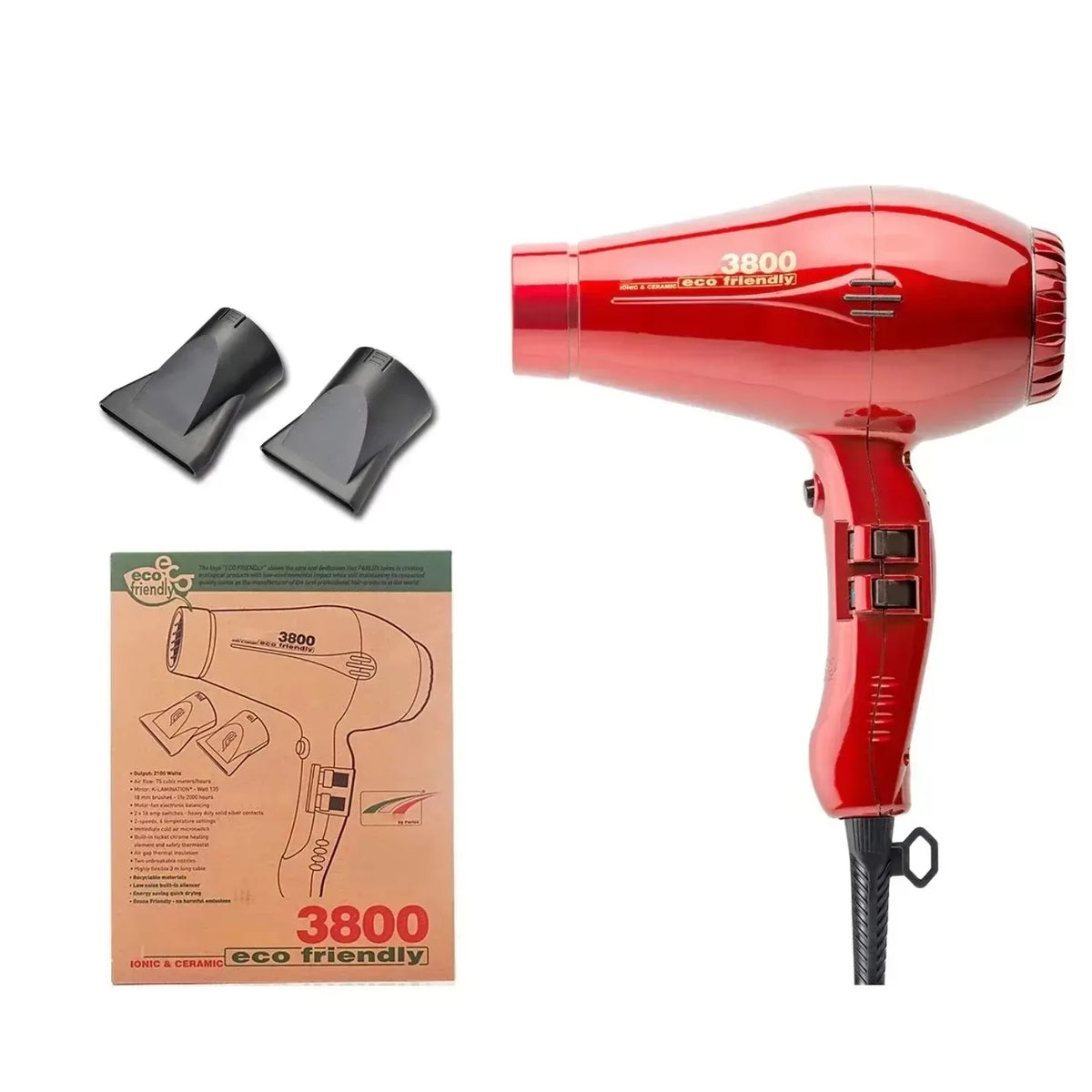 A red professional ceramic hair dryer with a black nozzle and cord is shown against a white background.