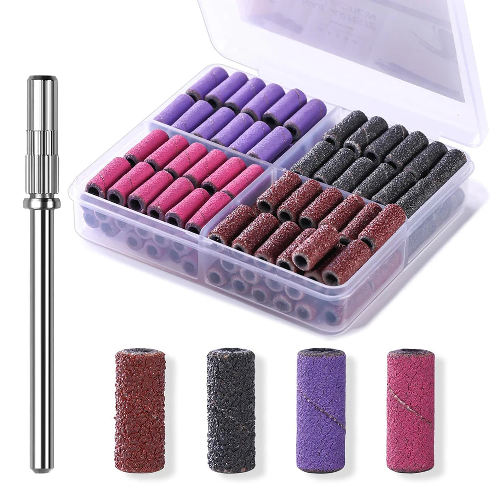 A set of 100 nail drill sanding bands in various colors and grits, packaged in a clear plastic box.