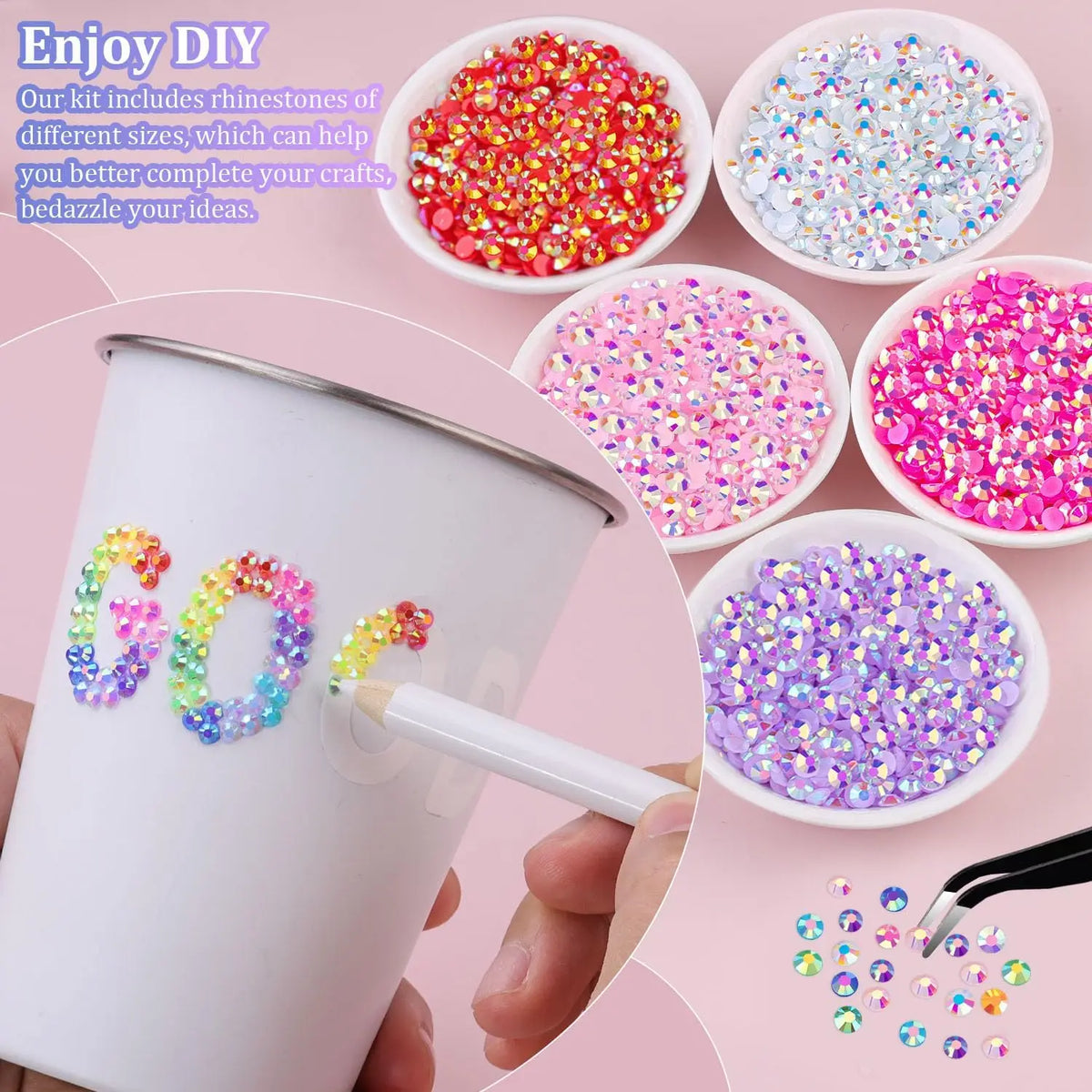 A set of colorful rhinestones in various sizes is shown alongside a white cup and a hand, demonstrating DIY craft ideas.