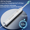 A white sonic electric toothbrush is shown resting on a circular base, with text highlighting features like fast charging and