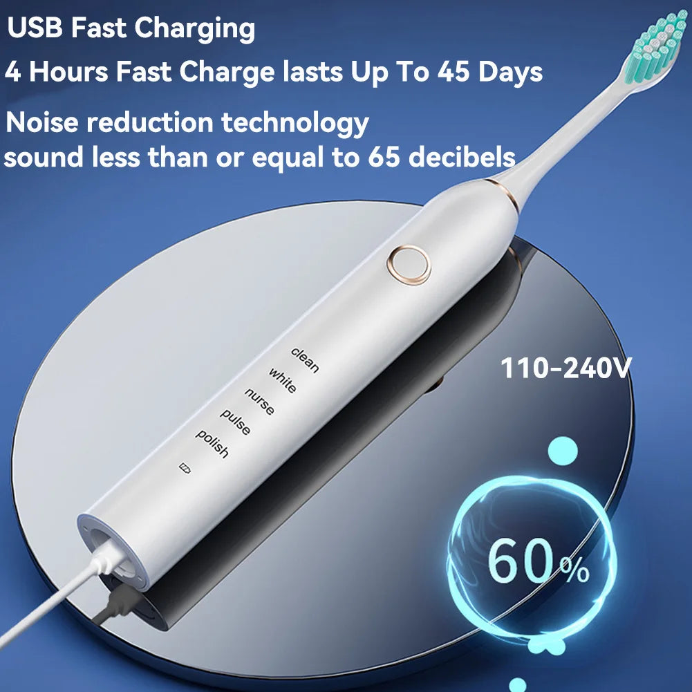 A white sonic electric toothbrush is shown resting on a circular base, with text highlighting features like fast charging and