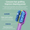 A purple toothbrush with blue bristles is shown, highlighting the outside and interior features for cleaning braces.