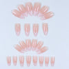 A set of 24 almond press-on nails with a pink bow design in various shades of pink and nude.