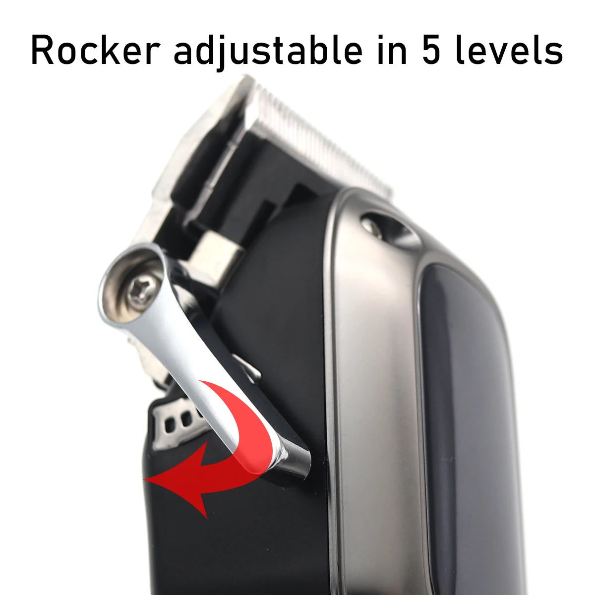 Close-up of a professional cordless hair clipper showing the rocker adjustment mechanism.