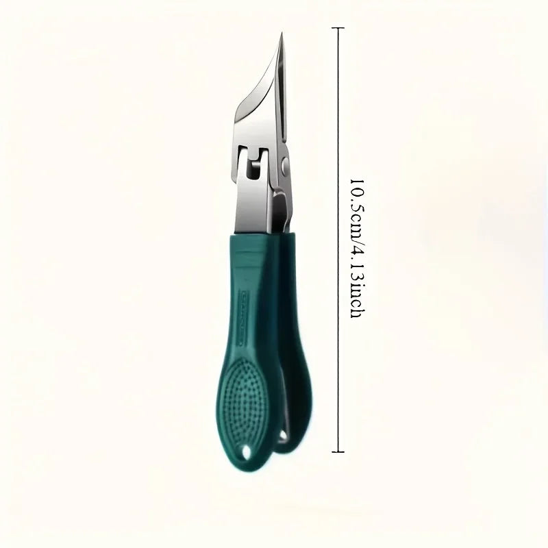 A close-up view of a green precision stainless steel nail clipper with a serrated tip and a smooth handle.