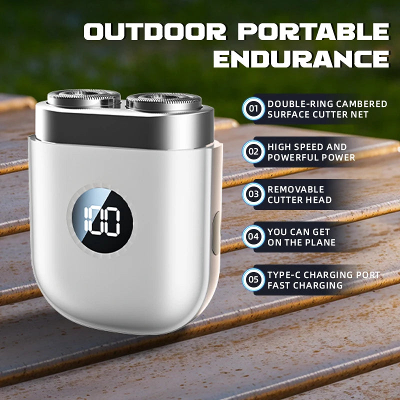 Silver portable electric beard shaver with double-ring cambered surface cutter net and Type-C charging port