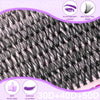 A close-up view of a black eyelash extension kit with various lengths and styles displayed on a pink background.