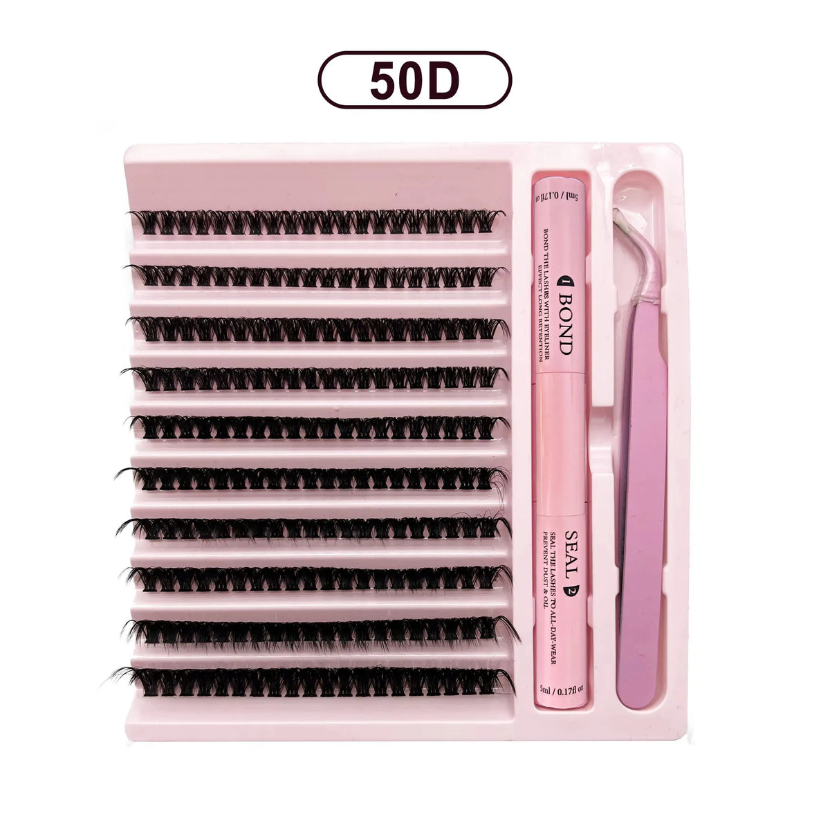 A pink lash extension kit containing bond, seal, and remover tools and lash extensions.