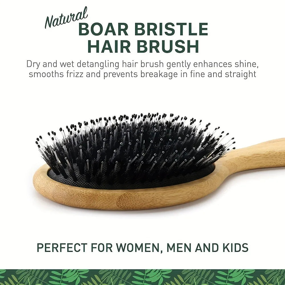 A natural boar bristle hair brush with a wooden handle shown against a green background.