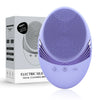 A purple electric silicone facial cleansing brush with bristles and controls is shown next to its packaging box.