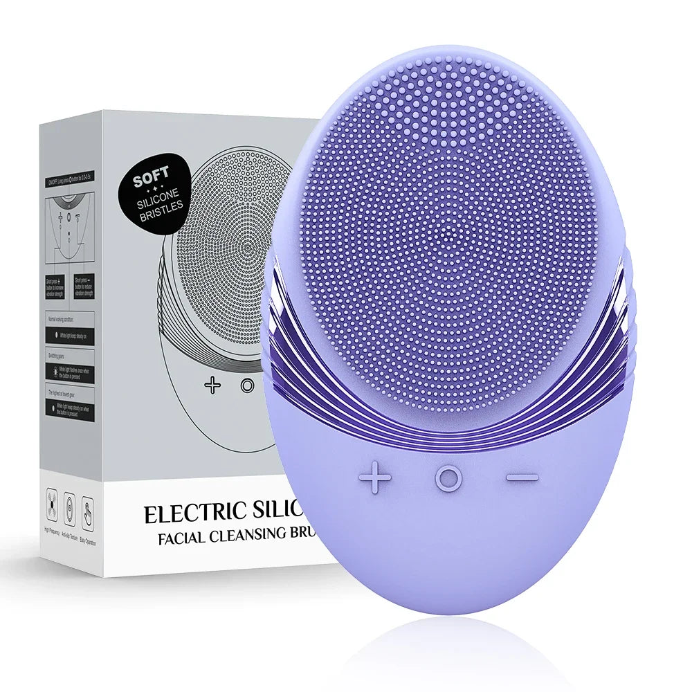 A purple silicone facial cleansing brush with bristles is shown next to its packaging box.