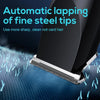 Close-up of a black electric trimmer with a silver cutting head, demonstrating automatic lapping of fine steel tips.