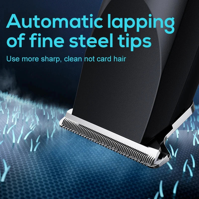 Close-up of a black electric trimmer with a silver cutting head, demonstrating automatic lapping of fine steel tips.