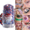 Un pot de bâton de paillettes avec diverses couleurs et exemples d'application sur la peau.