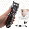 A hand holds a Kmei KM-1550 cordless hair clipper with an LED display, showing specifications like 5W and 7000RPM.