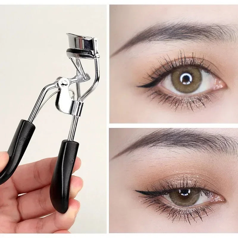 A silver professional eyelash curler is shown being held, with close-ups of its use on an eye.