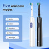 A white and black rechargeable electric toothbrush is shown next to a menu displaying five oral care modes.