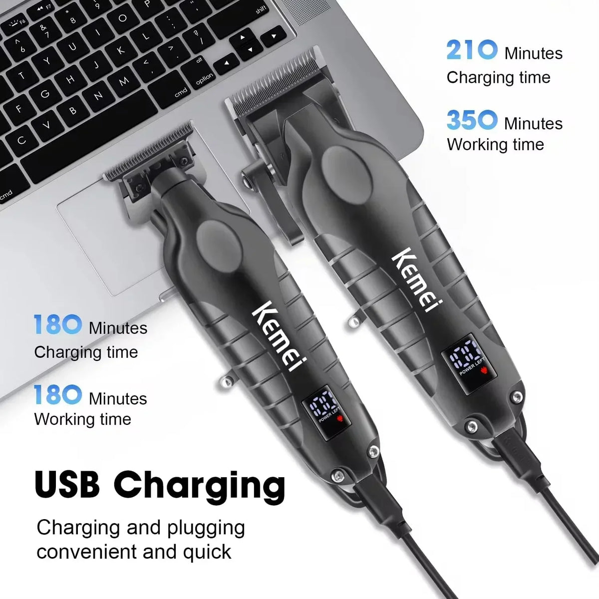 A set of black electric hair and beard trimmers with charging cables shown next to a laptop.
