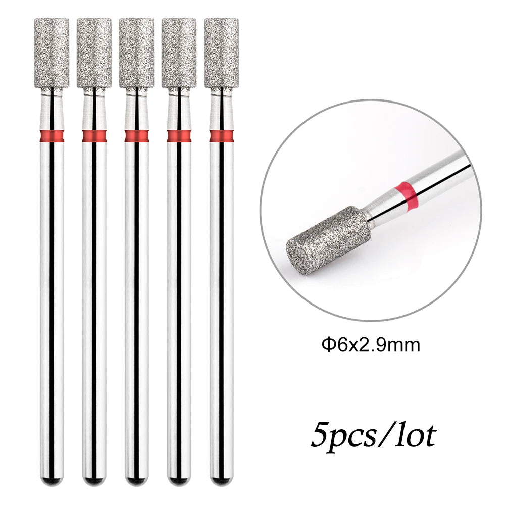 A set of five silver diamond nail drill bits with red accents, packaged for professional manicures.