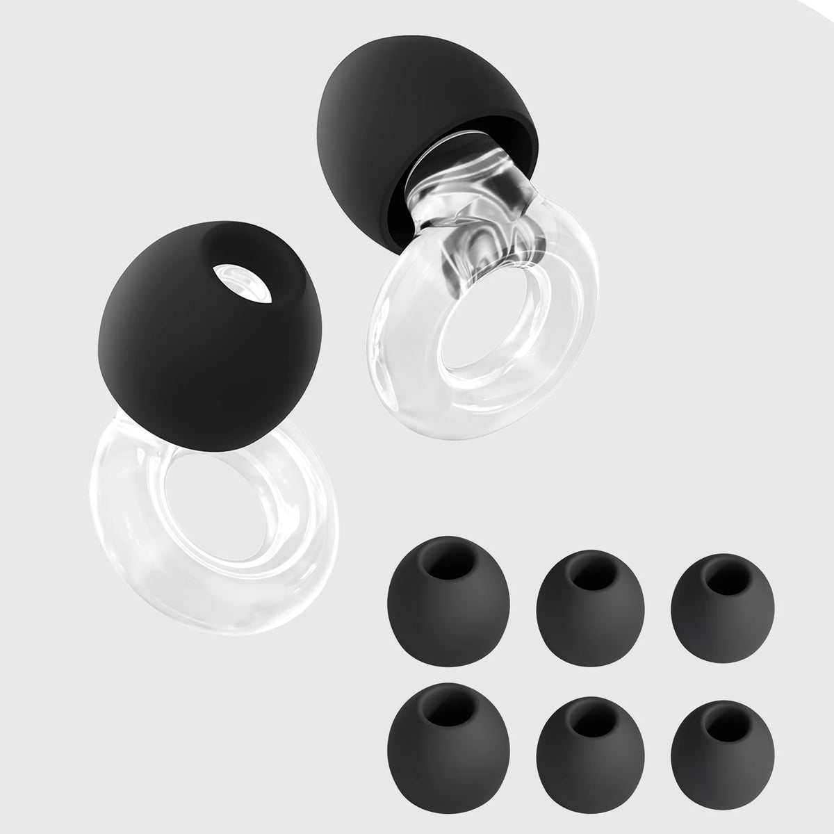 A set of reusable clear silicone ear plugs with black silicone tips shown in various angles.