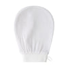 White exfoliating body scrubbing gloves with a ribbed cuff