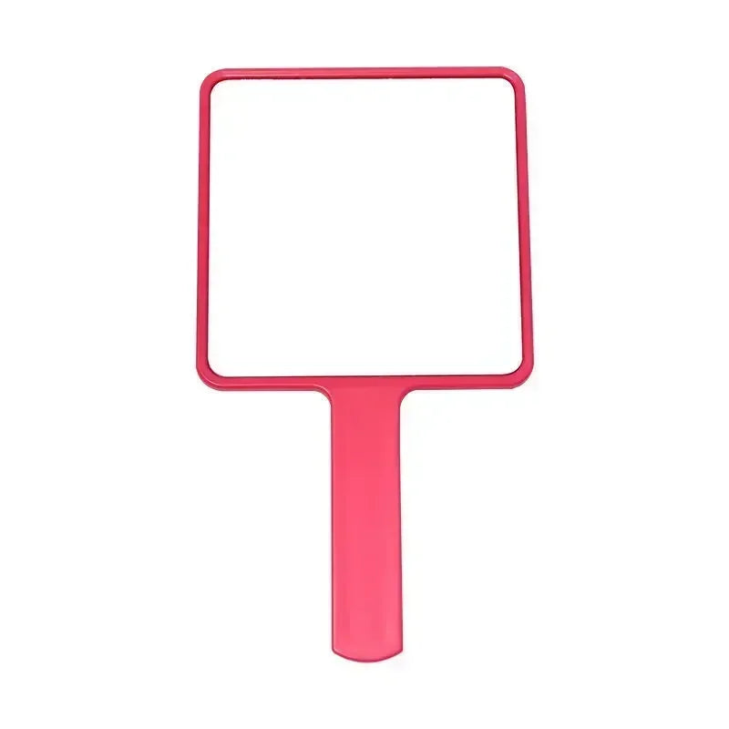 Miroir de maquillage portable compact avec cadre carré et poignée rose.