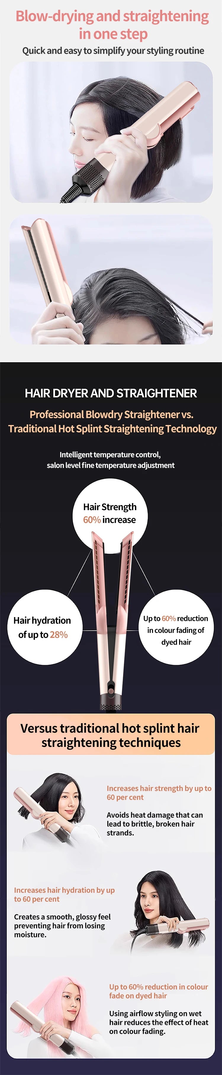 A professional hair straightener and dryer is shown being used on a person's hair.