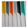 A set of five stainless steel rat tail hair combs in yellow, gray, orange, light gray, and black.