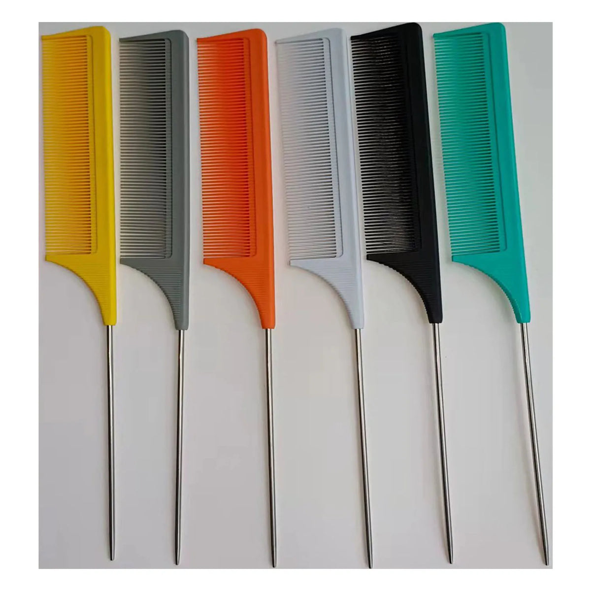 A set of five stainless steel rat tail hair combs in yellow, gray, orange, light gray, black, and teal.