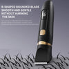 A black electric body hair trimmer with an R-shaped rounded blade is shown against a gray background.