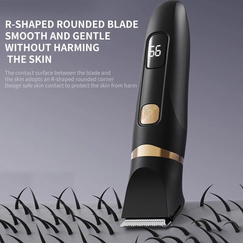 A black electric body hair trimmer with an R-shaped rounded blade is shown against a gray background.
