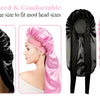 Extra large satin silk hair bonnet cap shown in black and pink colors