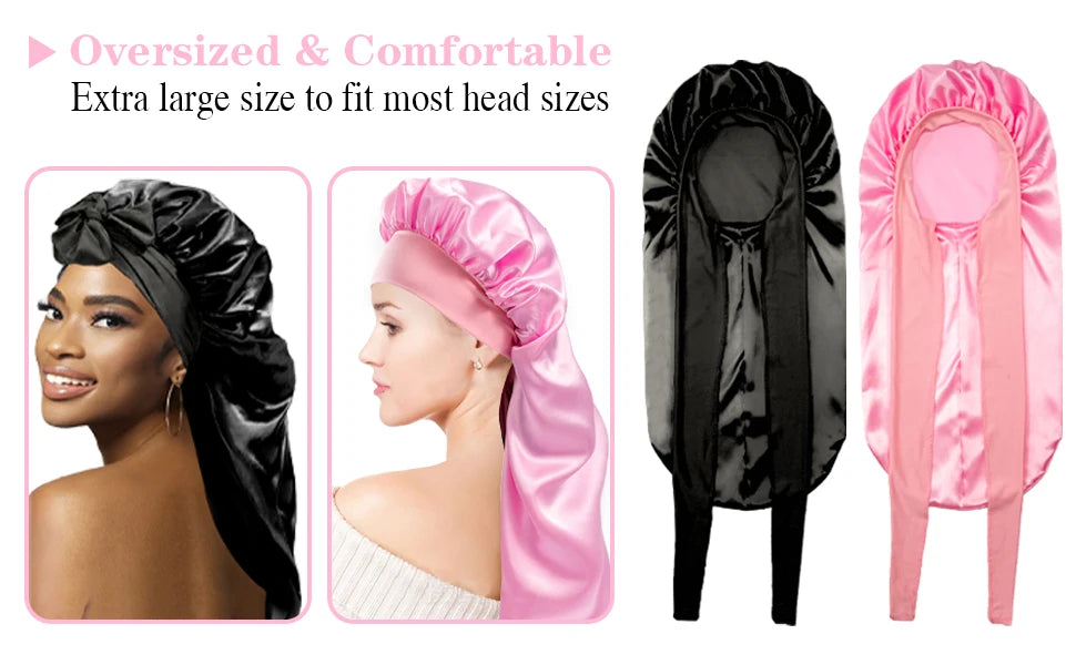 Extra large satin silk hair bonnet cap shown in black and pink colors