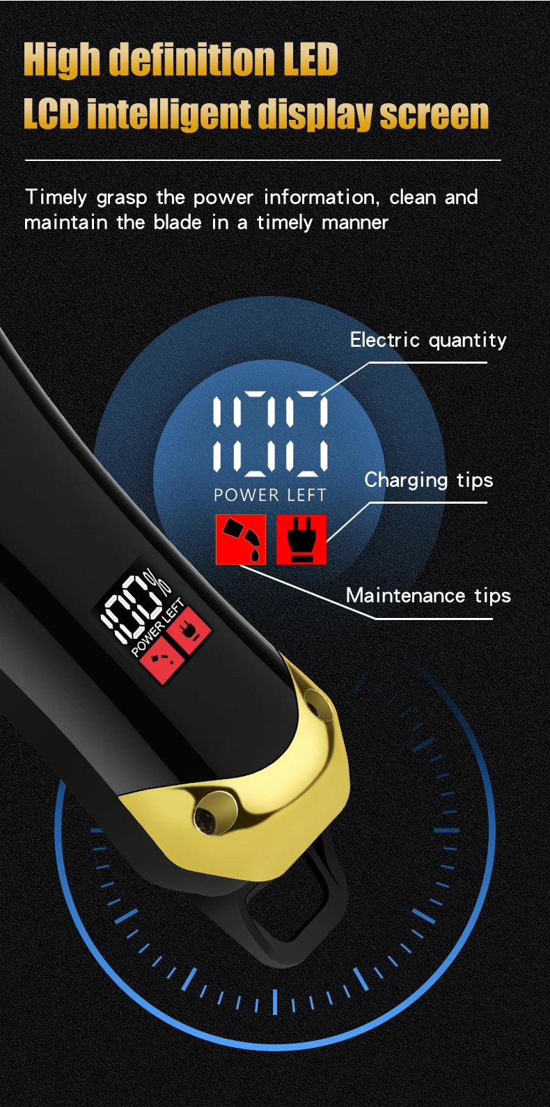 Close-up of a black and gold rotary hair trimmer showing power information, charging tips, and maintenance tips on the displa