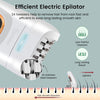 A close-up view of a white electric epilator with 24 stainless steel tweezers, showing the tip and hair growth direction.