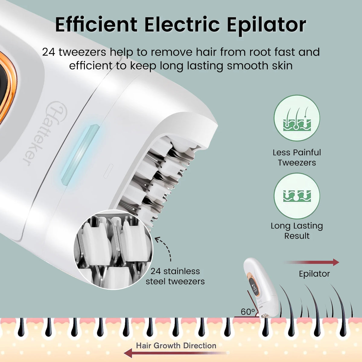 A close-up view of a white electric epilator with 24 stainless steel tweezers, showing the tip and hair growth direction.