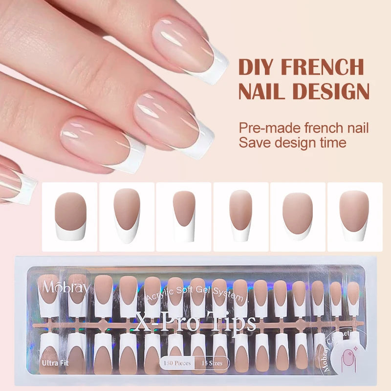A set of pre-made French nail tips in nude pink and white are displayed alongside a box of XPro Tips for DIY nail design.