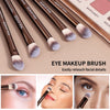 A set of MAANGE makeup brushes with fluffy synthetic hair shown in various angles for eye makeup and facial details.