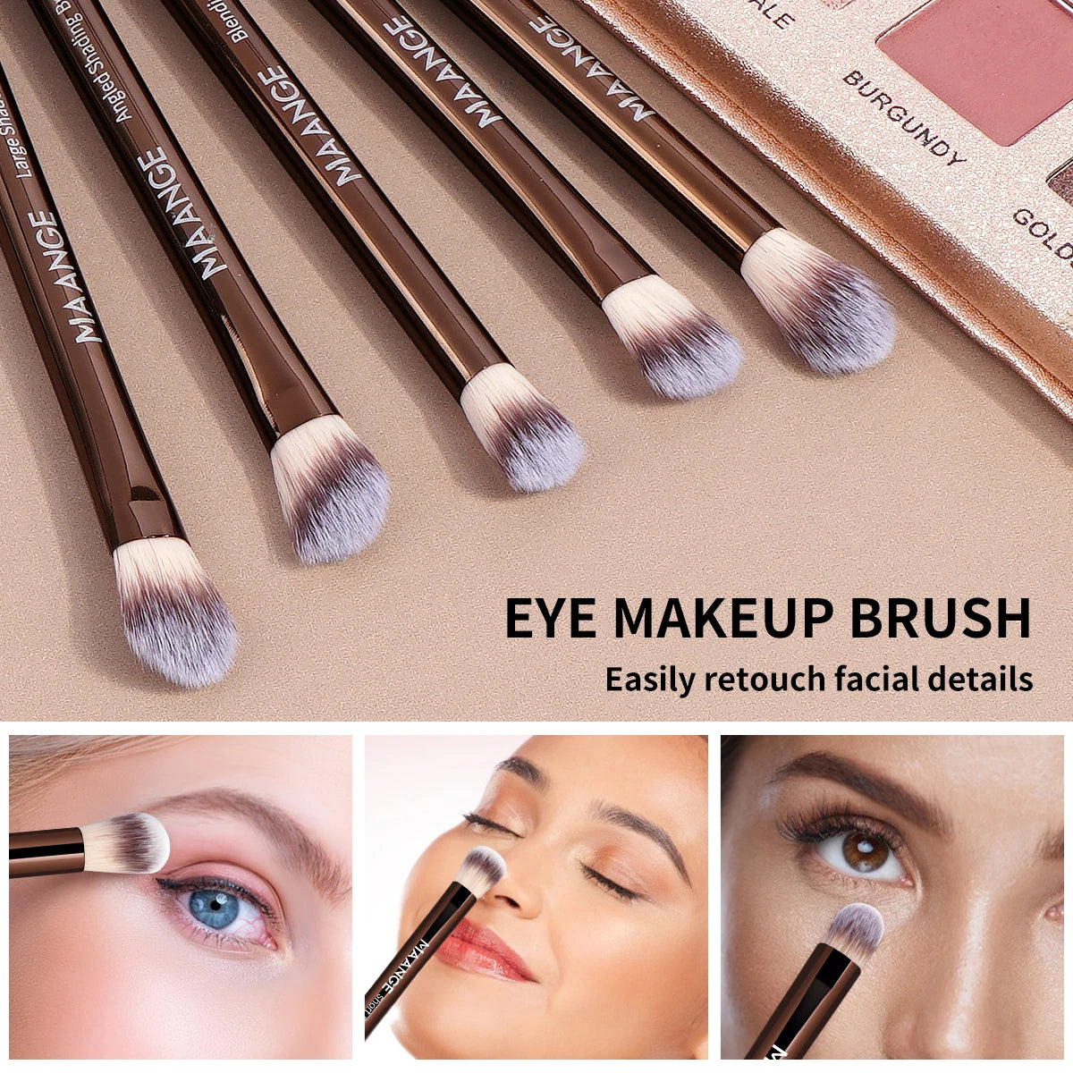 A set of MAANGE makeup brushes with fluffy synthetic hair shown in various angles for eye makeup and facial details.