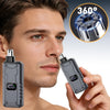 A man is holding a portable electric nose hair trimmer device, showing its design and usage.
