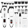 A set of professional rechargeable hair trimmers and accessories in black and white.