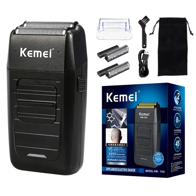Black Kemei electric shaver and accessories displayed on a box.